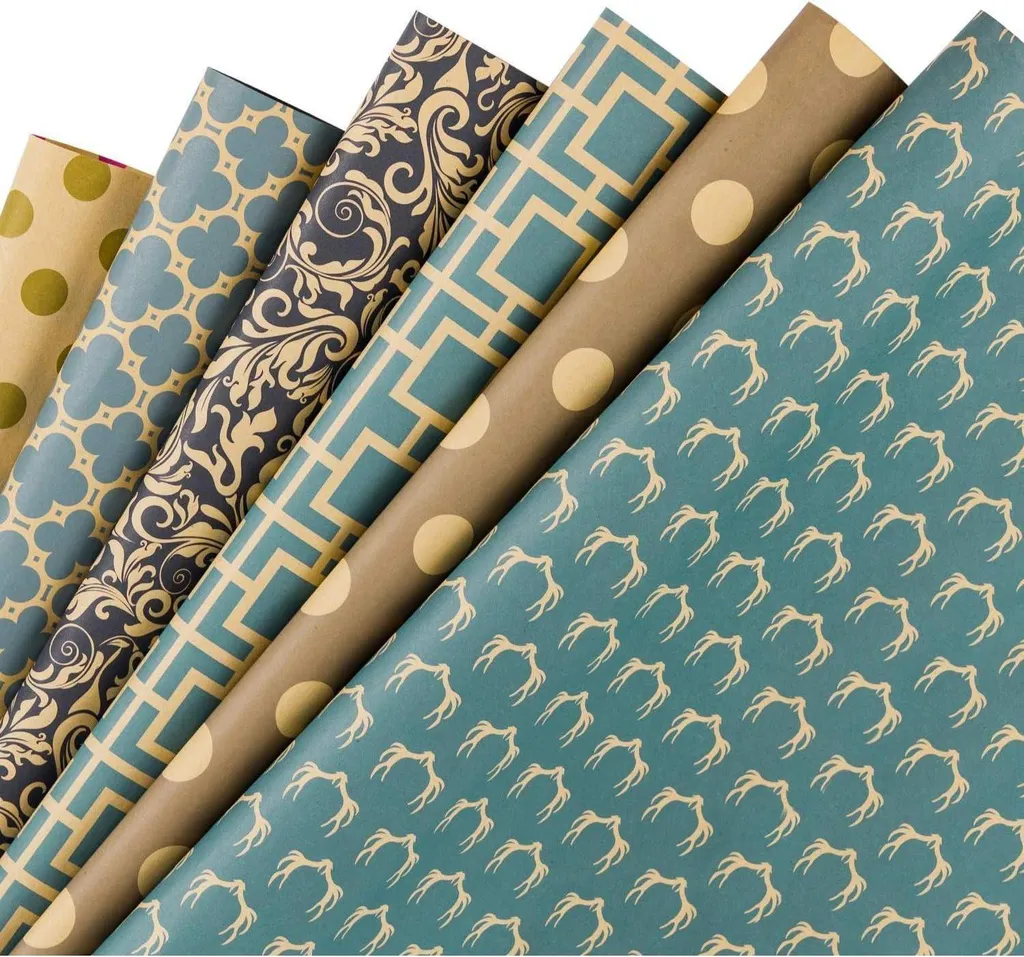 Papier Cadeau Kraft Bleu Marine Lot de 6 Feuilles Design Géométrique 6S