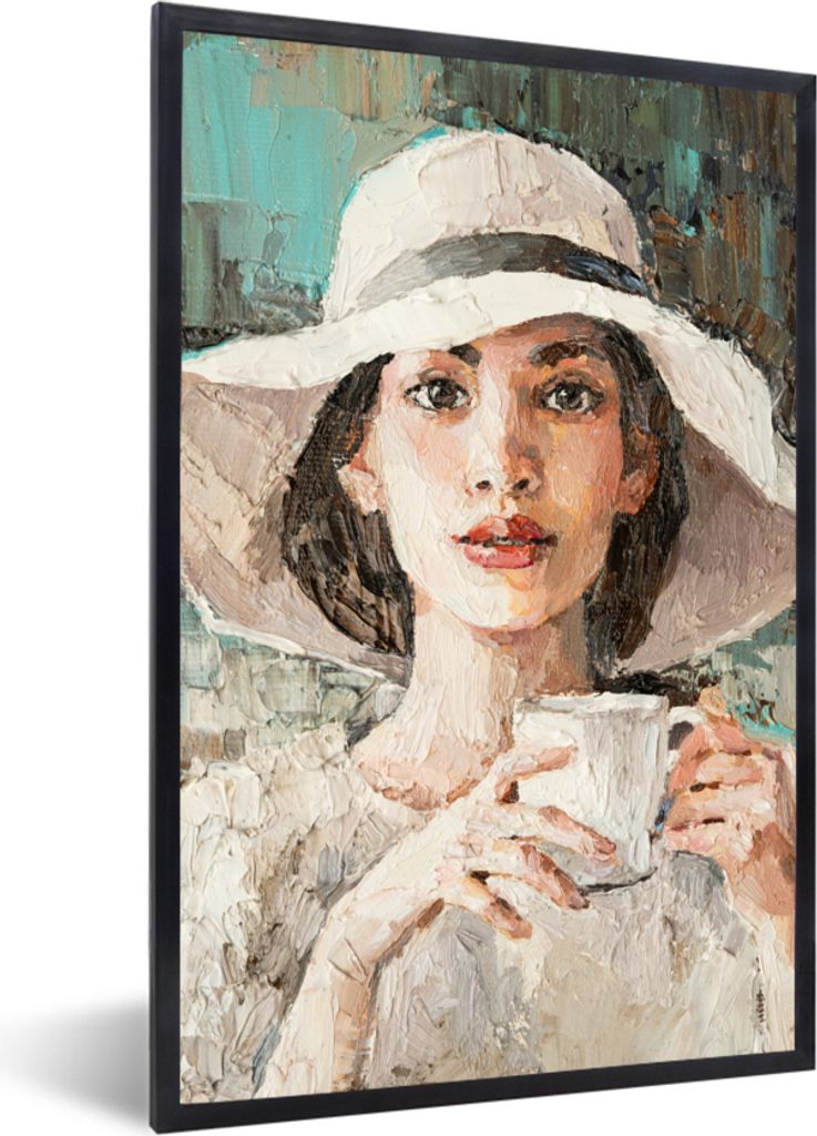 MuchoWow Gerahmtes Poster Gemälde - Ölfarbe - Frau - Kaffee - Hut 20x30 cm - Poster mit Schwarzem Bilderrahmen Wandposter Rahmen Foto Bilder - ...