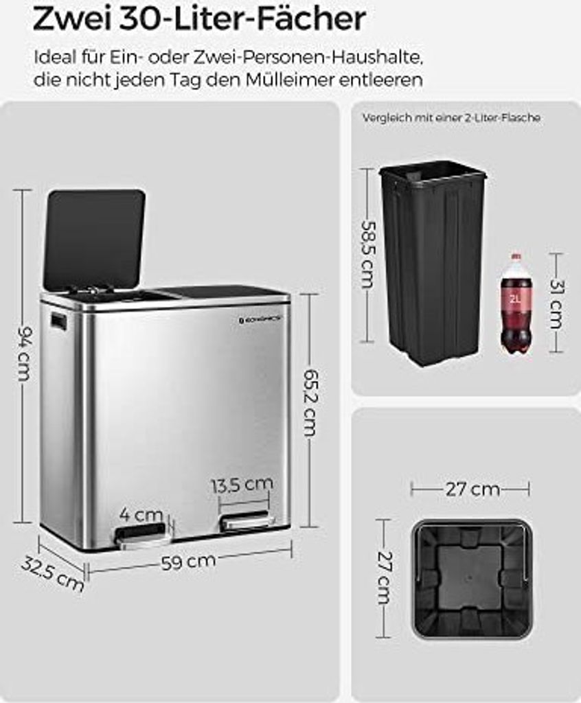 SONGMICS Mülltrenner 2 x 30,0 l silber Produktbild 29