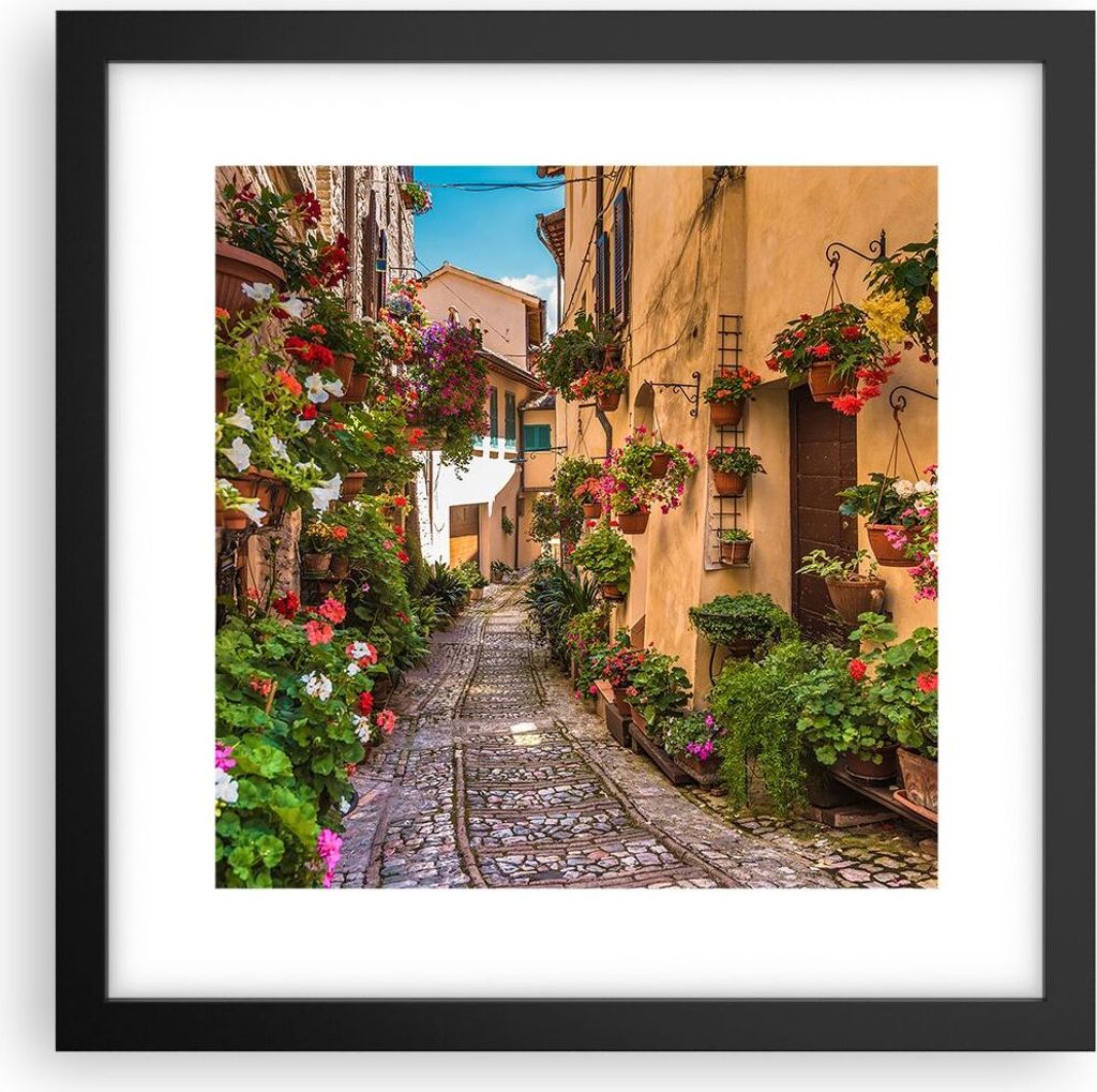 Gerahmtes Poster - Schwarzer Rahmen - Path Blumen Haus Hof - 30x30 cm - Wand Bild - Wanddeko - Wandbilder - Kunstposter - Wandposter - Bilderrahmen...