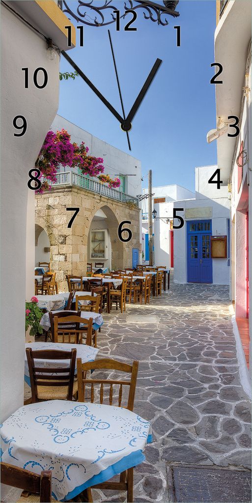 Wallario Design Wanduhr bedruckt, Größe 30 x 60 cm, Motiv: Gasse in Griechenland