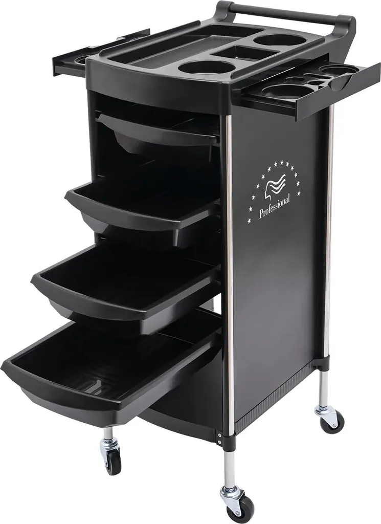 Carrello Professionale Parrucchiere Nero 6 Ripiani Metallo Ruote
