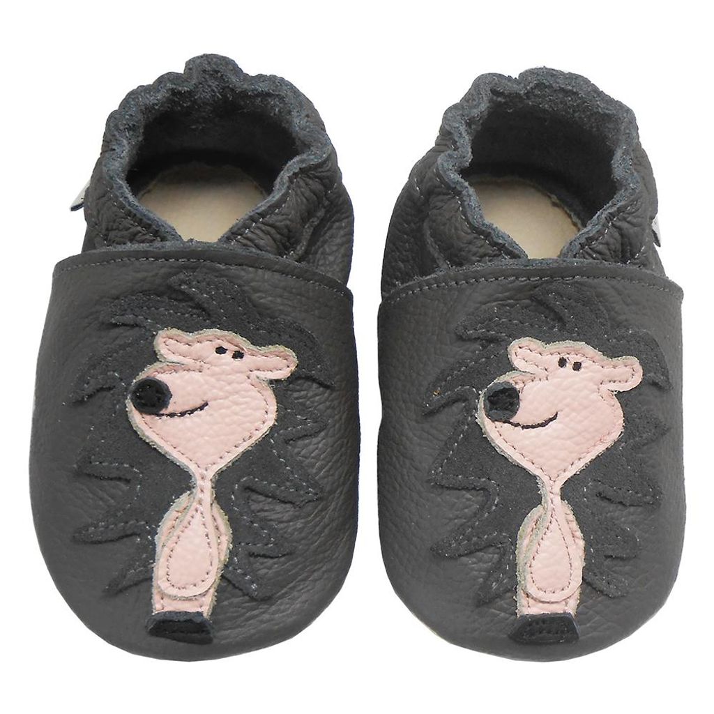 BEMUSE Baby Krabbelschuhe aus Echtleder, weiche Lauflernschuhe für Mädchen&Jungen, rutschfeste Ledersohle,Dunkelgrau, Igelmotiv, Größe S (0...