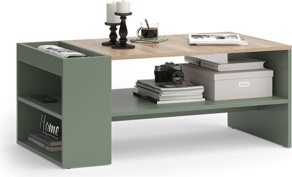 A modern coffee table with integrated shelving, featuring a green frame and a light wood-effect tabletop.