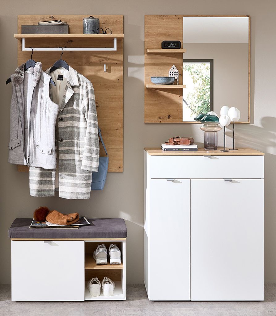 Garderoben Set 4-teilig mit Schuhschrank weiß matt mit Eiche BLISS-36