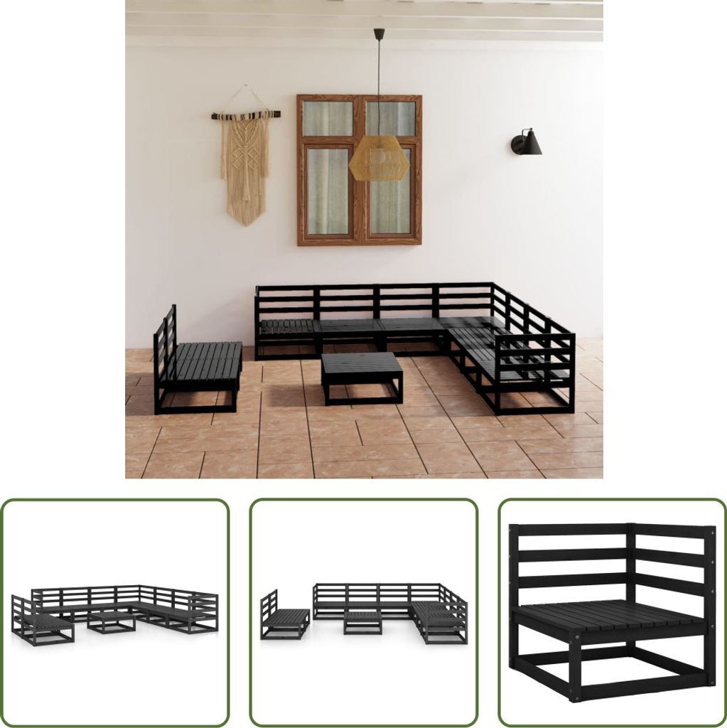 The Living Store 10-tlg. Garten-Lounge-Set Schwarz Massivholz Kiefer