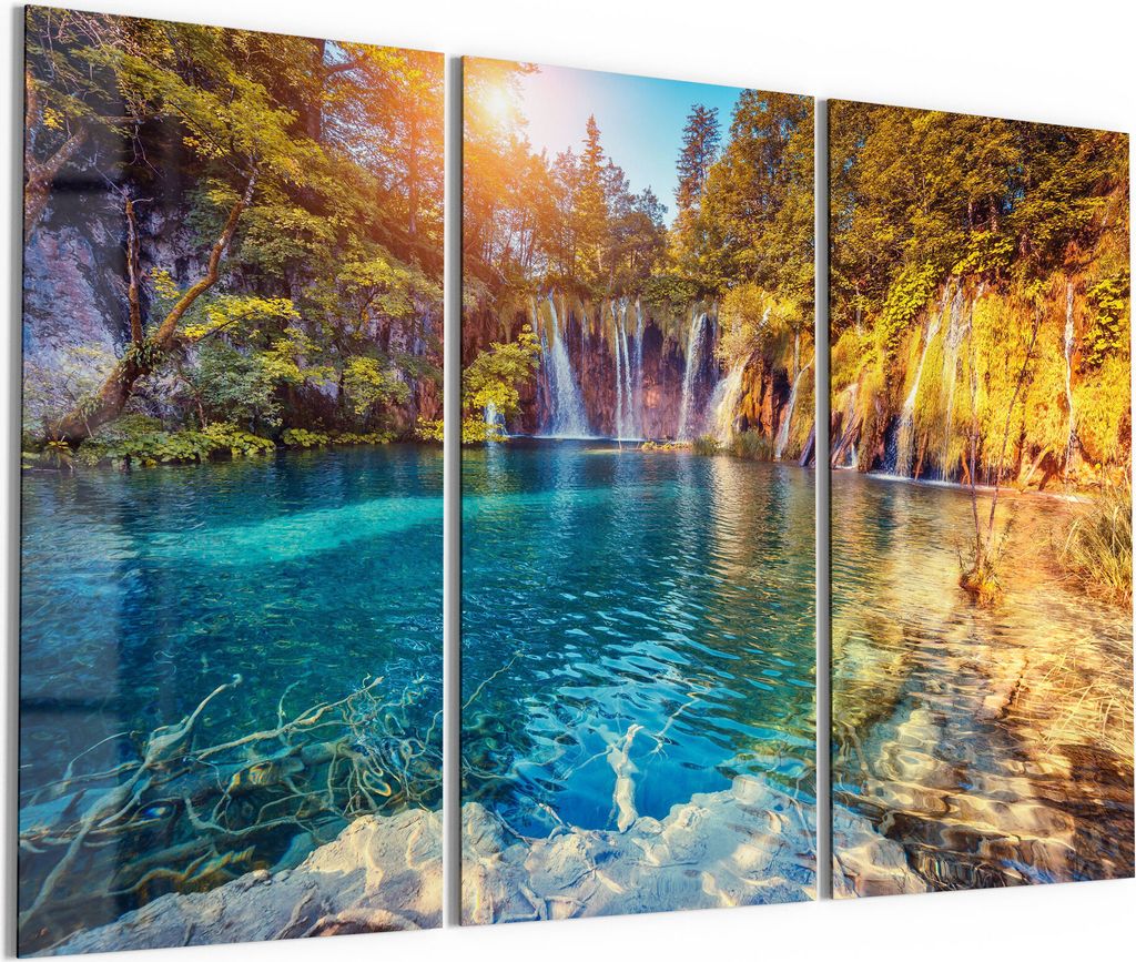DEQORI Glasbild Echtglas 3x50x100 cm 'Märchenhafte Wasserfälle' Wandbilder XXL groß