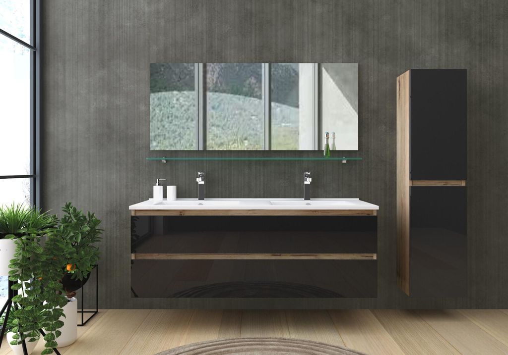 Doppelwaschtisch Schwarz / Eiche Hochglanz Doppel Waschbecken Badmöbel Set 120
