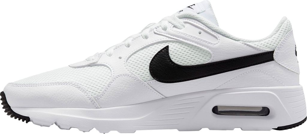 A side view of a white Nike Air Max SC sneaker with a black Nike swoosh.