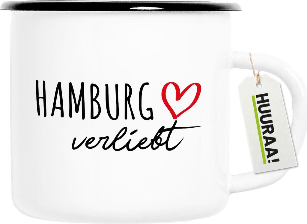 Huuraa Emaille Tasse Hamburg verliebt Geschenk 300ml Vintage Emaille Becher Hamburg Geschenkidee