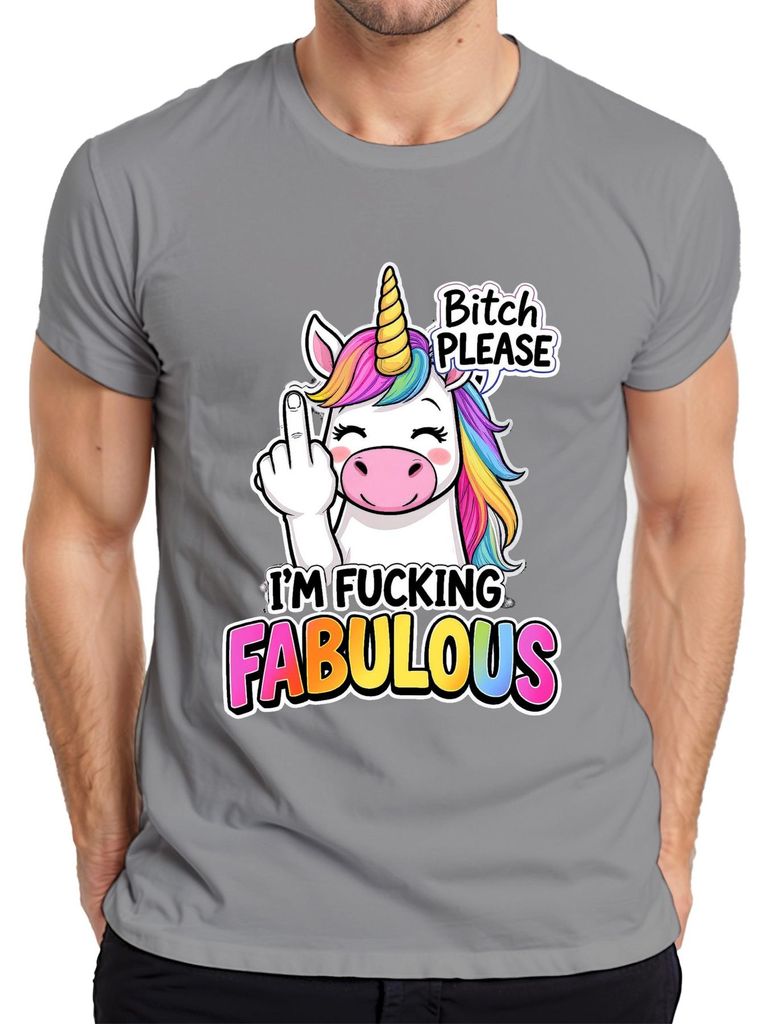 I'm Fucking Fabulous Einhorn Regenbogen Mittelfinger Geschenk Herren T-Shirt, Grau, XL