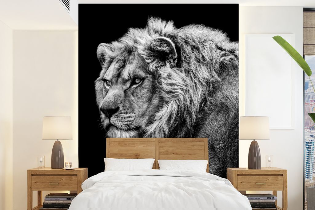 MuchoWow Fototapete für Wohnzimmer oder Schlafzimmer Wandtapete Vinyl Motivtapete Löwe - Porträt - Wildtiere - Schwarz - Weiß - 190x260 cm - ...