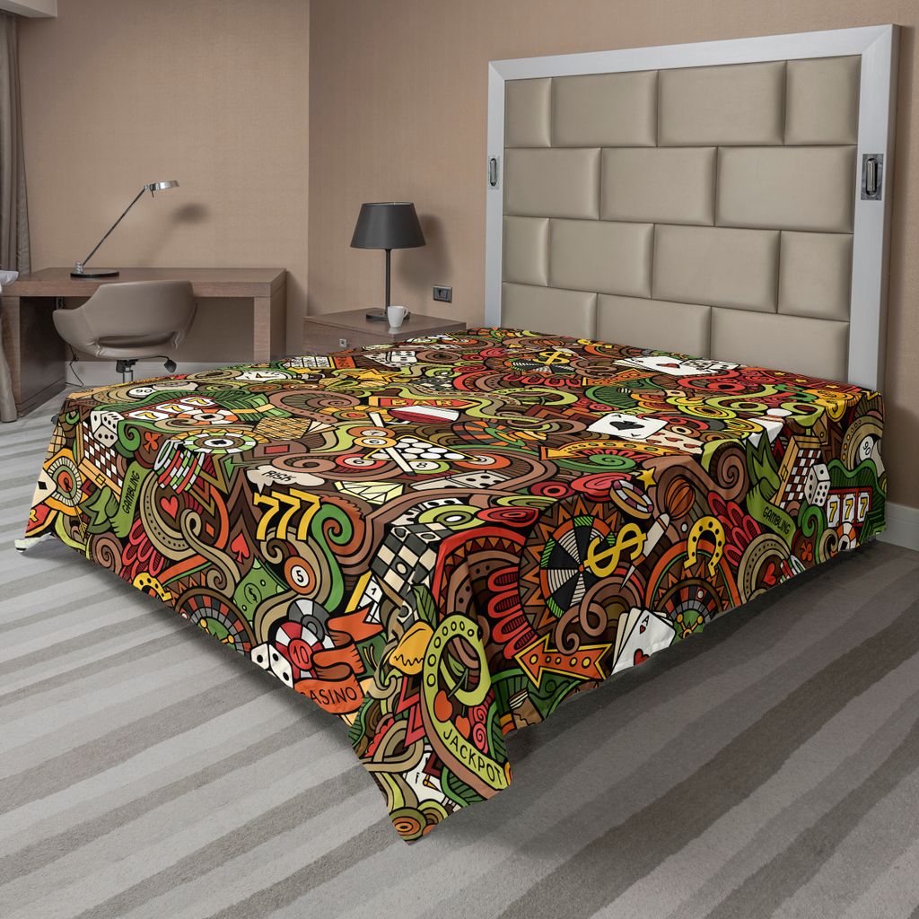 ABAKUHAUS Kasino Bettlaken, Doodles Style Artwork Von Bingo Und Karten Aufregung Dame King Tambourine Vegas, weiches bequemes oberes Bettlaken für...