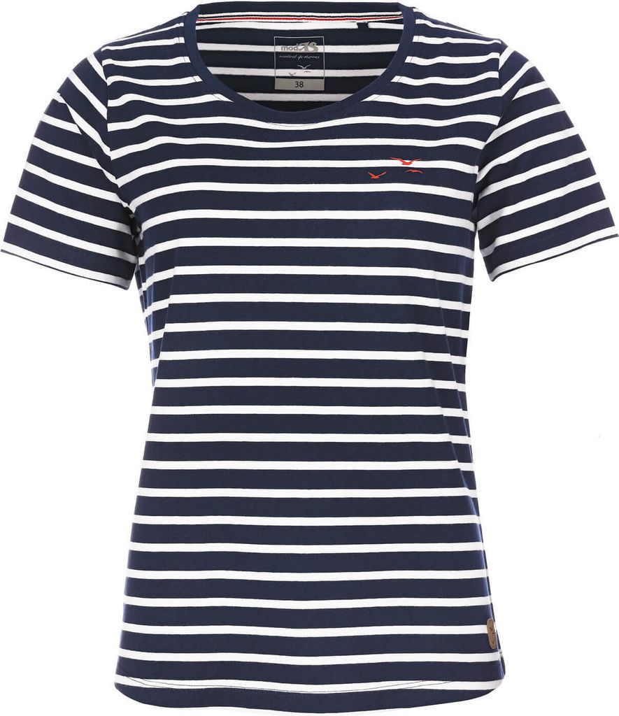 modAS Damen T-Shirt im bretonischen Streifen-Design - Gestreiftes Kurzarm-Shirt aus Baumwolle in Blau-Weiß Größe 48