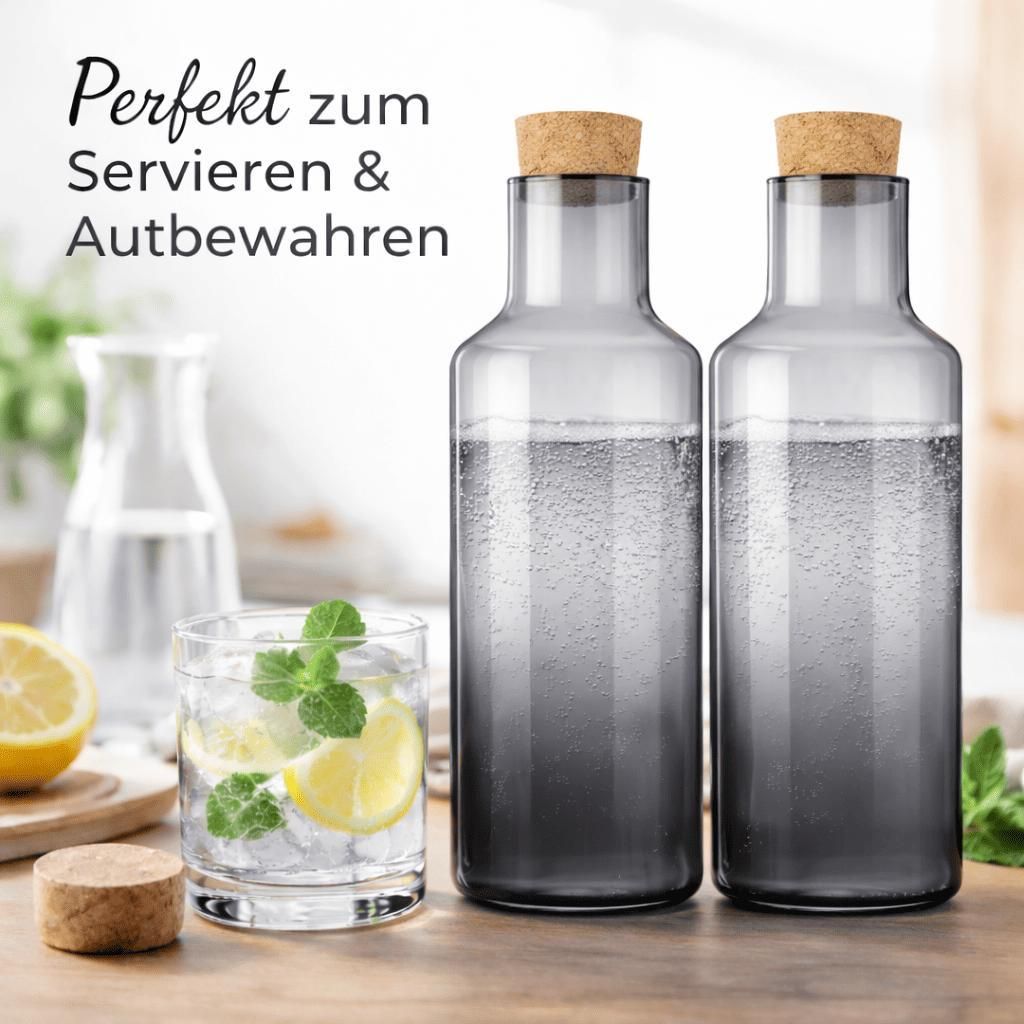 2x Wasserkaraffe 1,25L Smoke Schwarz Karaffe mit Korken Deckel Glas Wasser Kanne