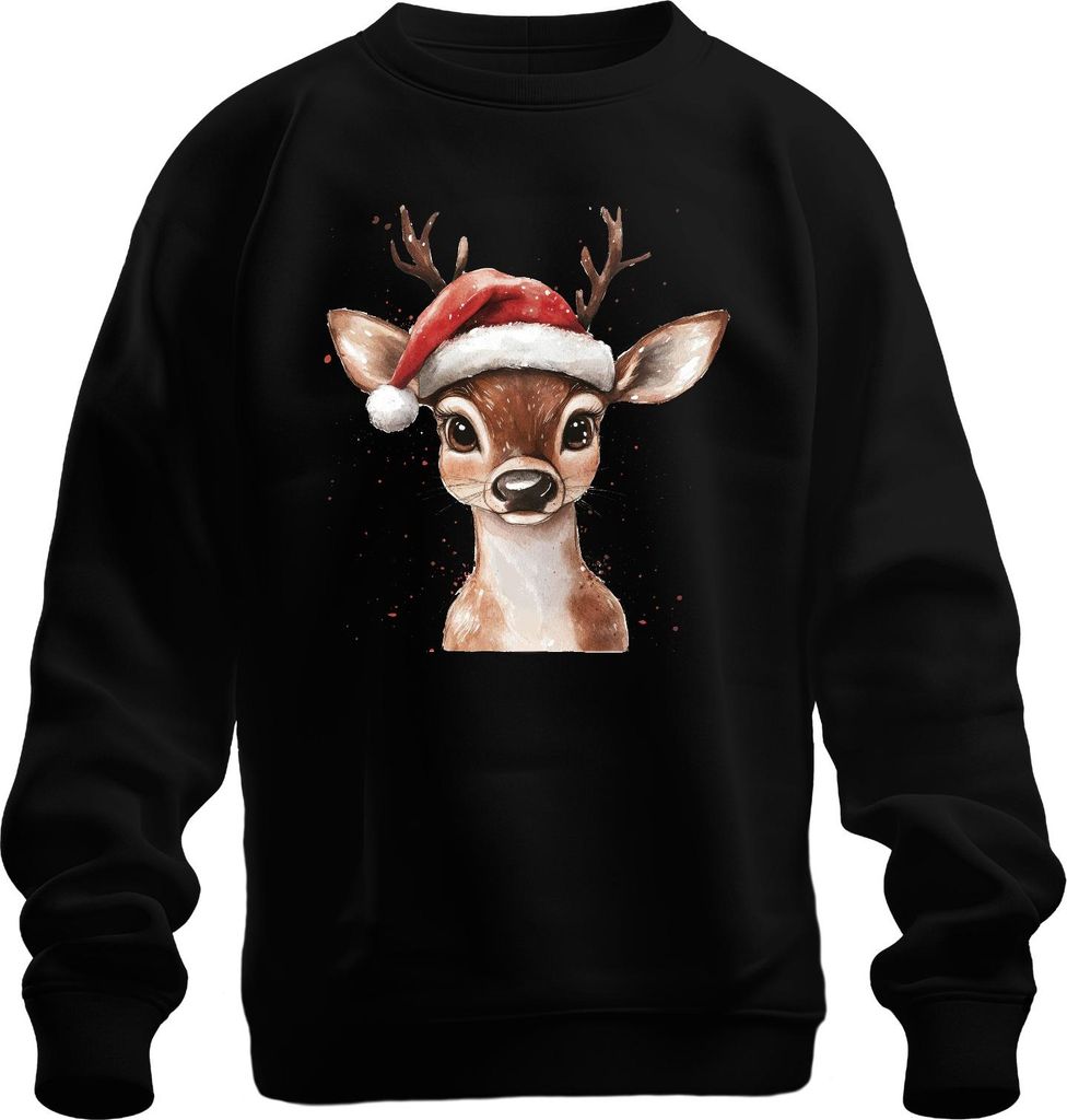 Weihnachten Rentier Aquarell Rehkitz süß Santa Geschenk Kinder Uni Sweatshirt Pullover, Schwarz, XXL