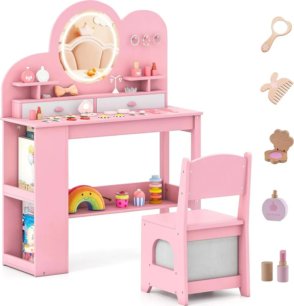 Coiffeuse princesse avec miroir lumineux LED et rangement bibliothèque