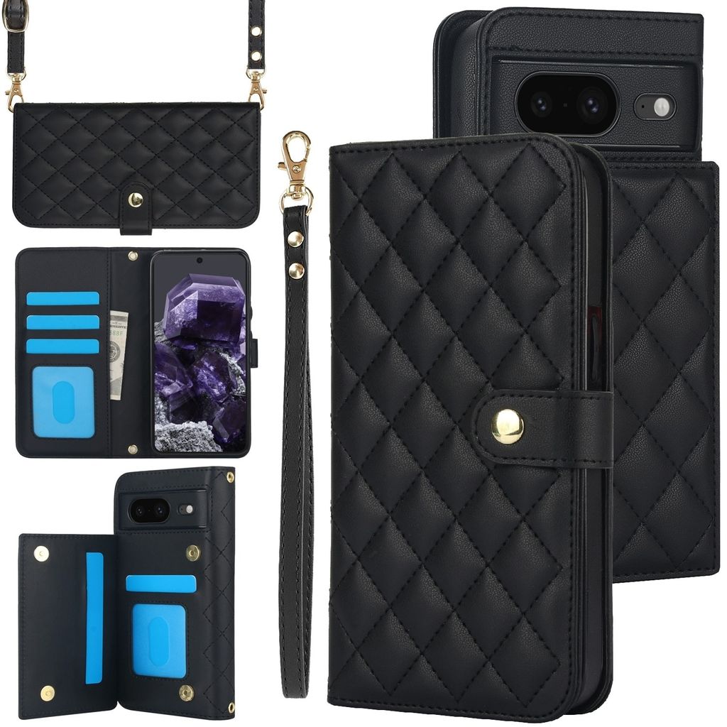 Für Google Pixel 8a Crossbody Kunstleder Multifunktions Wallet Tasche Schwarz