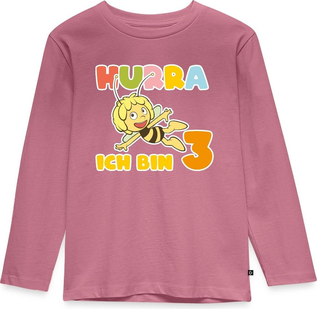 Spreadshirt Biene Maja Hurra Ich bin 3 Dritter Geburtstag Kinder Premium Langarmshirt, 134/140 (8 Jahre), Mauve