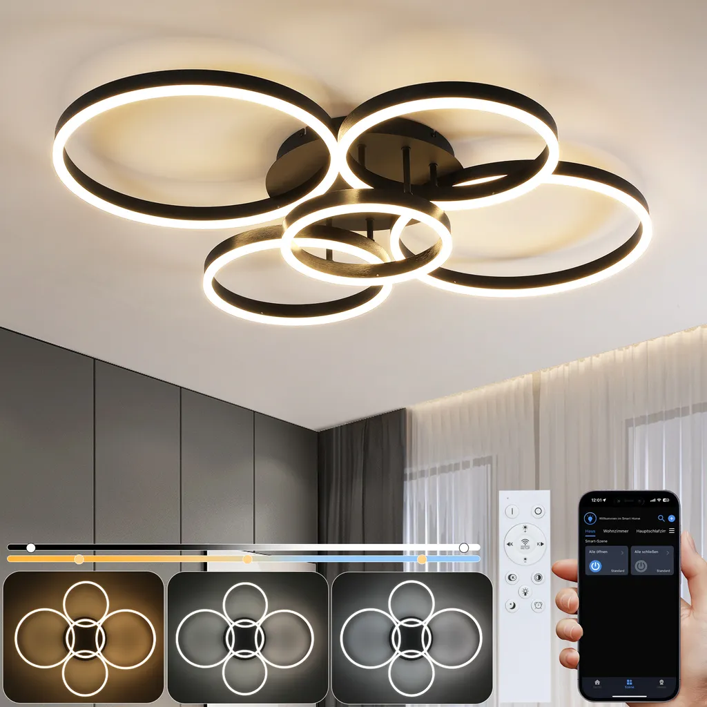 ZMH lampada da soffitto Lampada da soffitto a LED per soggiorno lampada dimmerabile 78W con telecomando 5 anelli lampada da camera da letto nera illuminazione da soffitto moderna in acrilico per ufficio camera da letto sala da pranzo