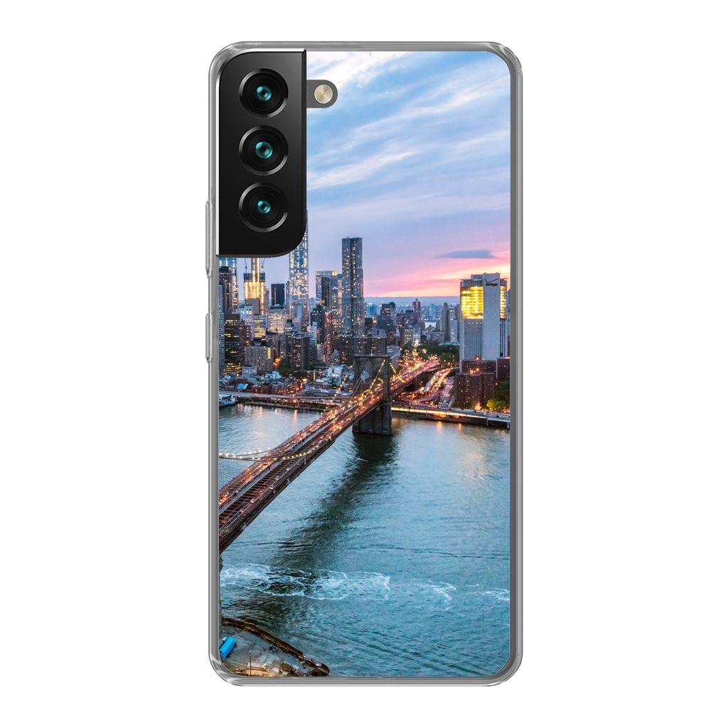 MuchoWow Handyhülle Schutzhülle Hülle für Samsung Galaxy S22 Plus New Yorker Skyline an der Brooklyn Bridge Silikon Softcase Handy Hülle - S...