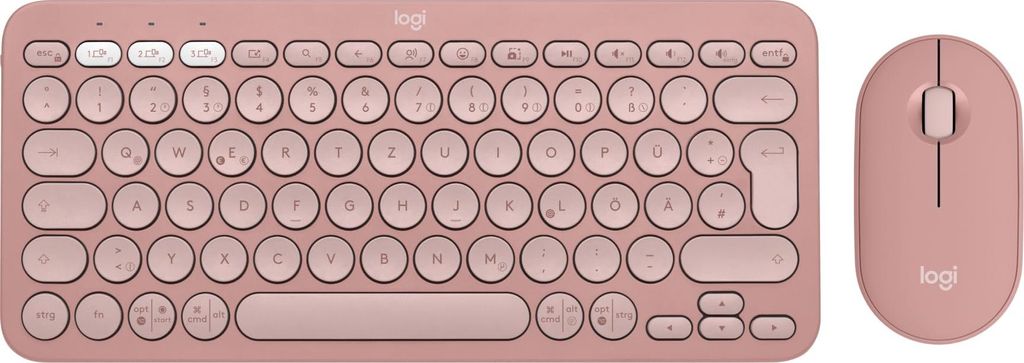 A pink Logitech keyboard and mouse set is shown from a top-down perspective on a white background.
