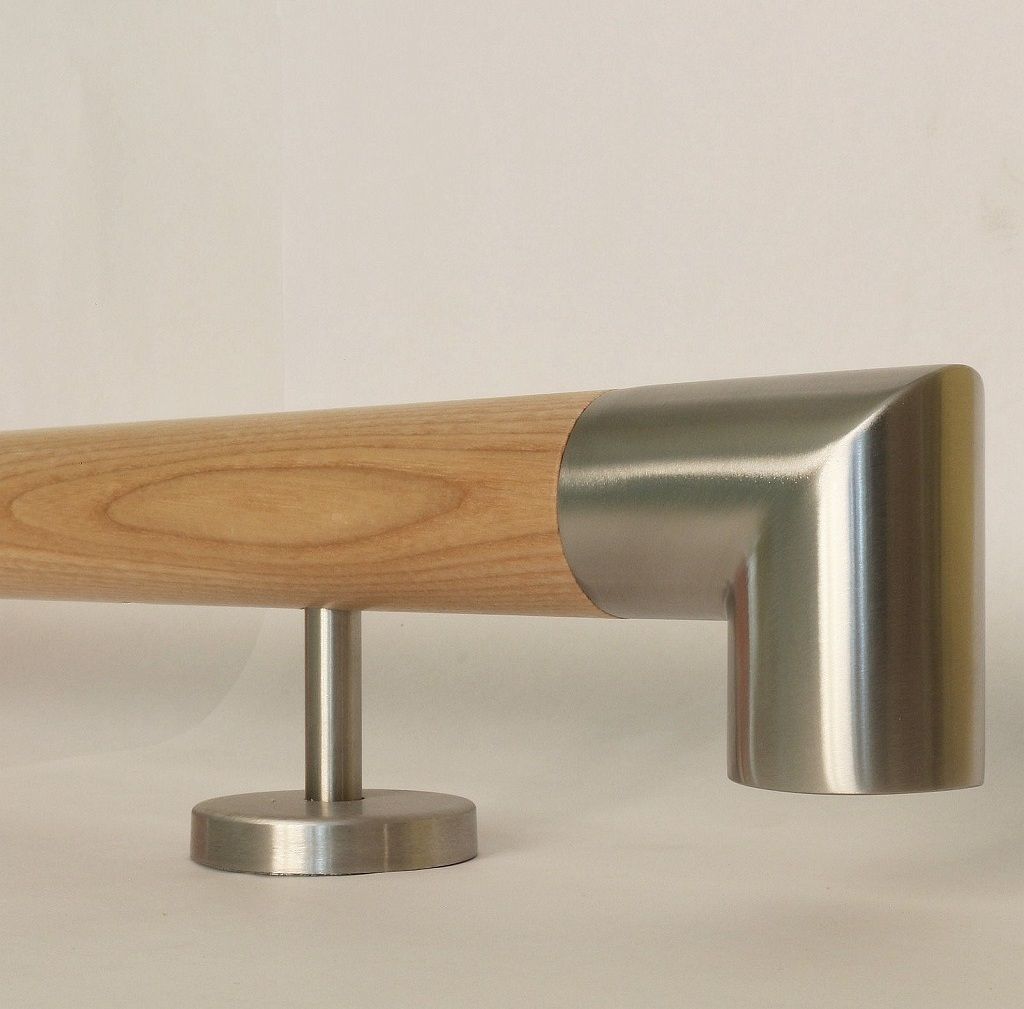 TIBU Esche Holz Handlauf Geländer 0,3m - 5m, Länge 500 cm, Ende Edelstahlecke und 6 gerade Halter