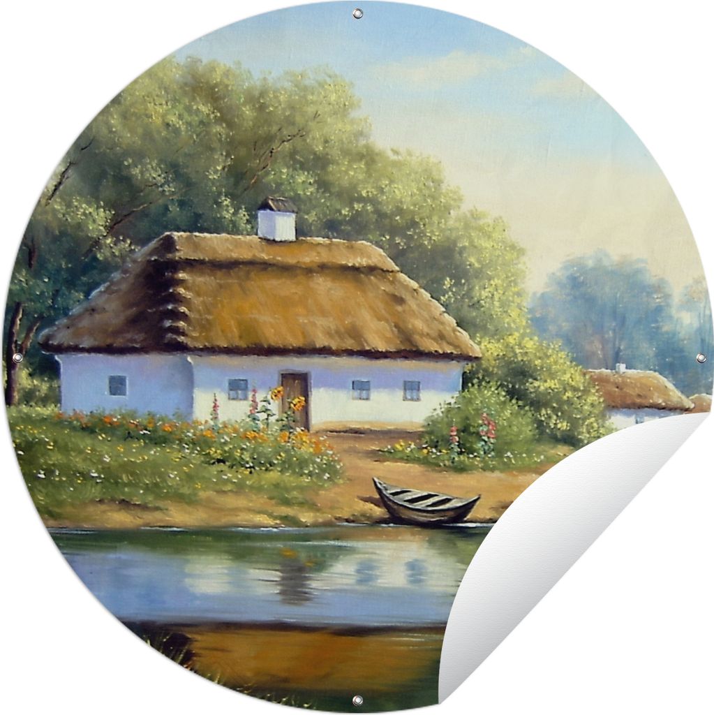 MuchoWow Gartenposter Outdoor-Poster Rund Malerei - Haus - Natur - Wasser - Ölfarbe Ø 150 cm Gartendeko Rundes Poster draußen