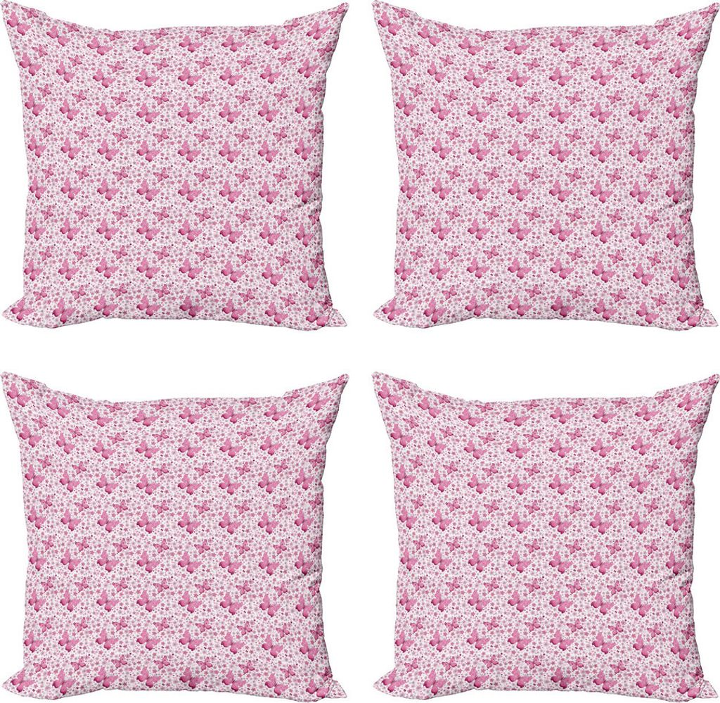 ABAKUHAUS Schmetterling Kissenbezug Set (4 Stück), Pinke Blumen, Moderner Doppelseitiger Digitaldruck, 60 cm x 60 cm, Pale Pink Weiß