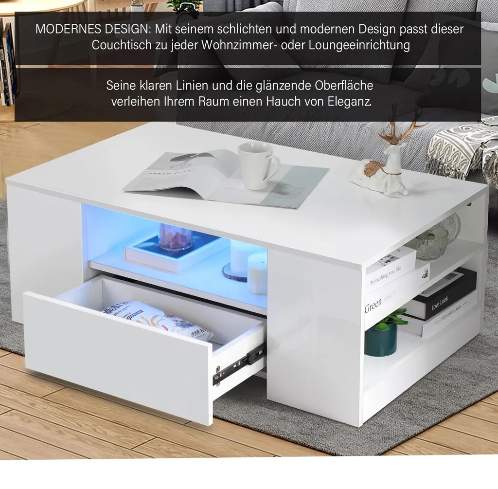Table basse blanche brillante LED - Solution de rangement salon 2 tiroirs - 9
