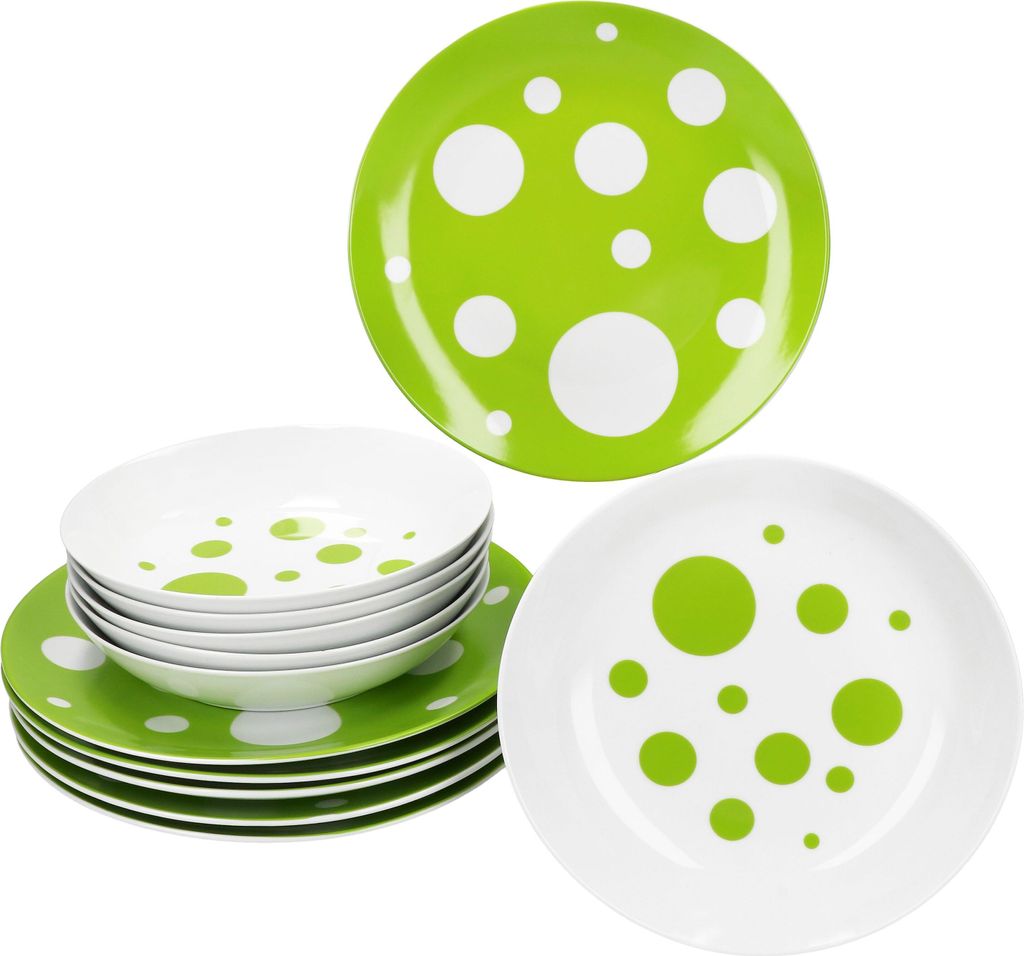 Pula grün Punkte 12tlg Tafelservice Porzellan 6 Pers Speiseteller Suppenteller gepunktet
