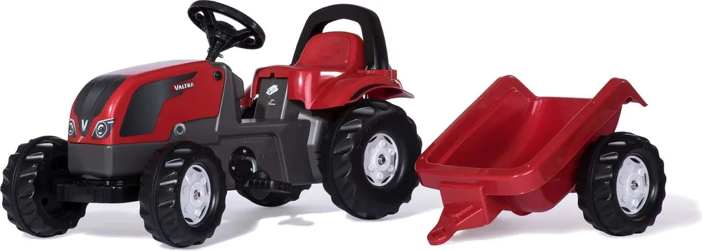 Jouet tracteur enfant RollyKid Valtra rouge avec pédales et remorque kit