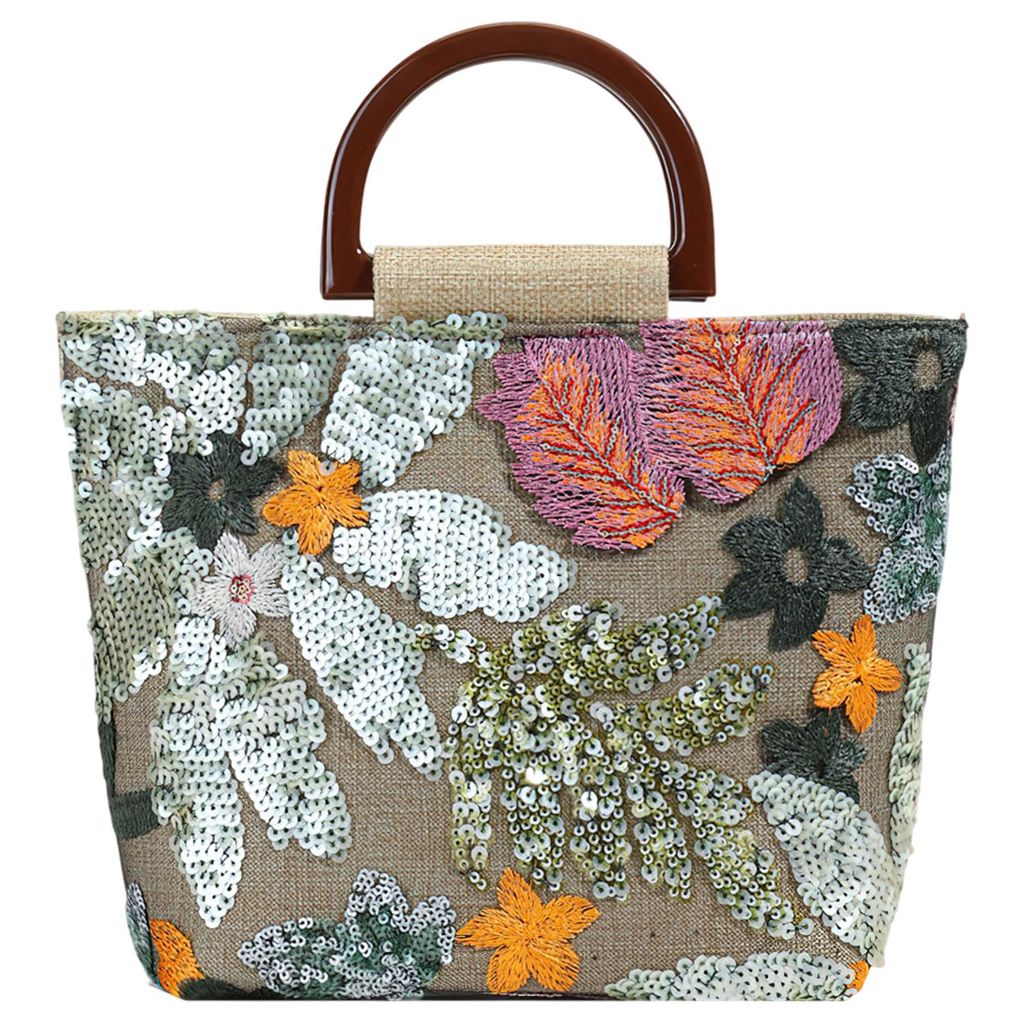 Damen Blumenstickerei Henkeltasche, Sommer Leinen Einkaufstasche, Pailletten Handtasche, Grün