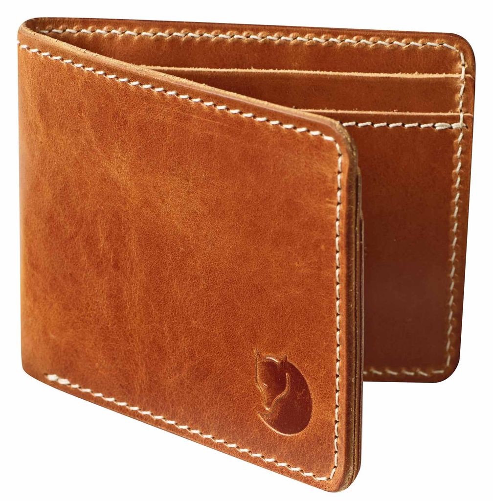 A brown leather wallet is shown against a white background.