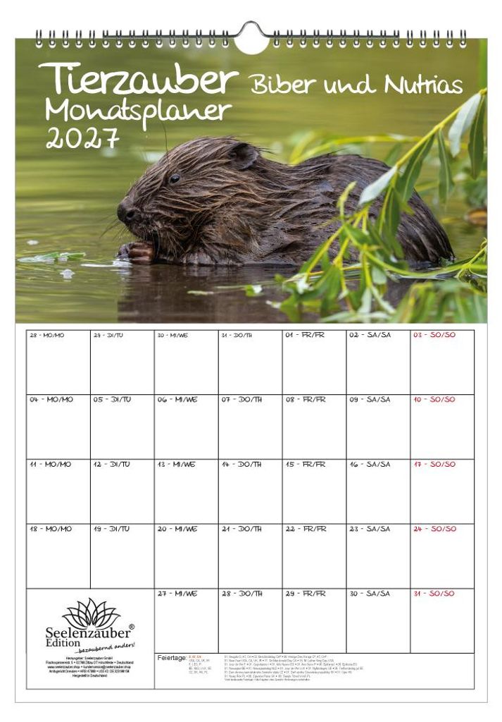 Tierzauber Biber Planer DIN A3 Kalender für 2027 Wald Natur Baum - Geschenkset Inhalt: 1x Kalender, 1x Weihnachtsanhänger (insgesamt 2 Teile)