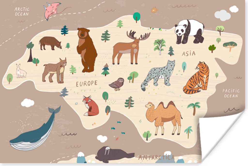 MuchoWow Poster Weltkarte - Braun - Tiere - Jungen - Mädchen 30x20 cm - Plakate - Print