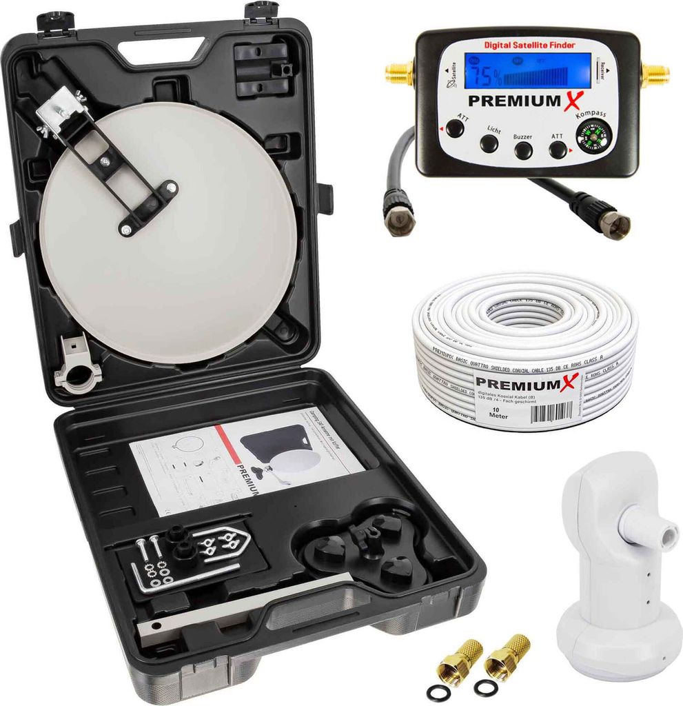 PremiumX Camping SAT Anlage Sat-Finder Single LNB 10m Kabel F-Stecker Koffer