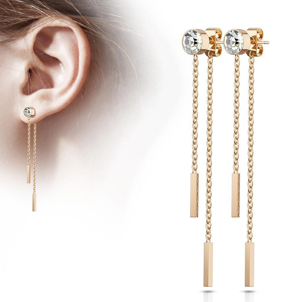 Ohrstecker mit Kette: Edelstahl Ohrringe mit Zirkonia Produktbild 