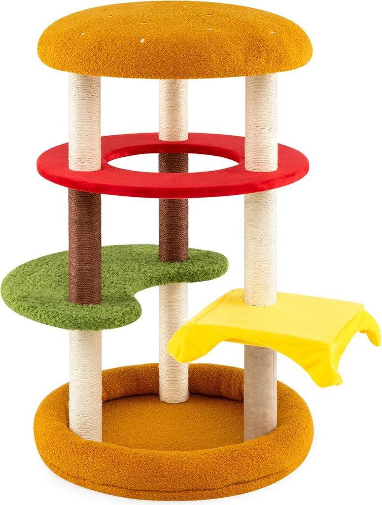 Kratzbaum im Burger-Design - Kletterbaum & Kratzsäule - 3 Ebenen - Sisal-Kratzbrett - Mit Bett - Plattformen - Holzgestell