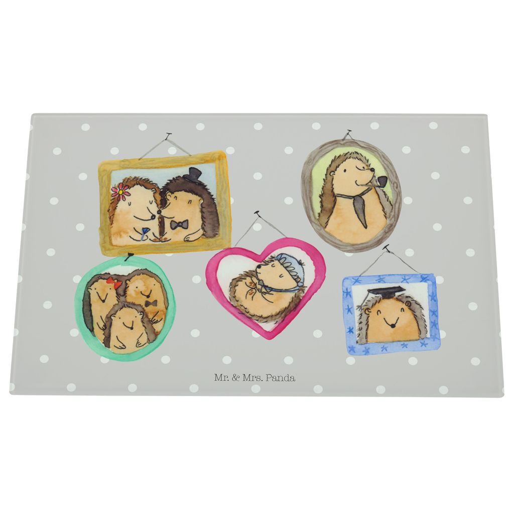 Mr. & Mrs. Panda Küchenbrett Igel Familie - Grau Pastell - Geschenk, Glas Schneideplatte, Liebe, Glasschneidebrett, Schneidebrett, Schneidplatte, ...