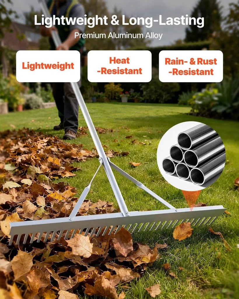 Rastrello da giardino, testa larga 914 mm, manico 3380 mm, grande rastrello da giardino in alluminio per impieghi gravosi, livella per asfalto per smuovere il terreno, giardino e cortile, cura della ghiaia del laghetto e del prato sulla spiaggia, corda da 15,8 m - 4