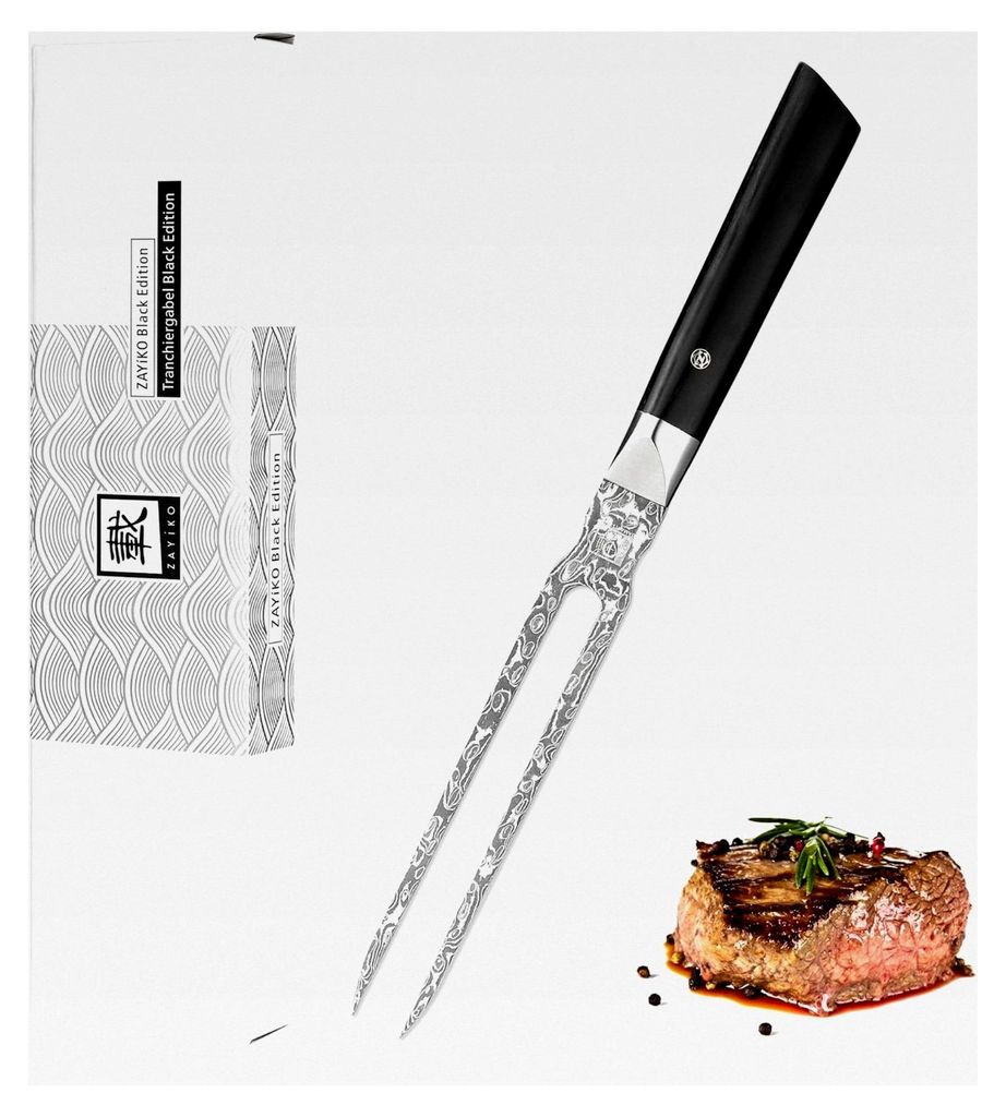 Fleischgabel Black Edition – 18 cm Tranchiergabel mit Damaststahlzinken und Pakkaholzgriff – Bratengabel in Geschenkverpackung
