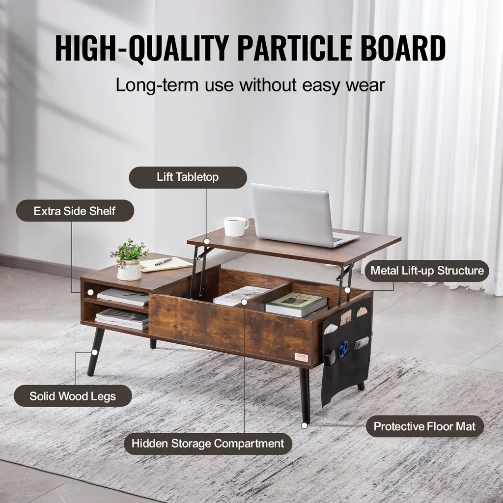 Table Basse Plateau Relevable Gain de Place Marron avec Rangement VEVOR - 5