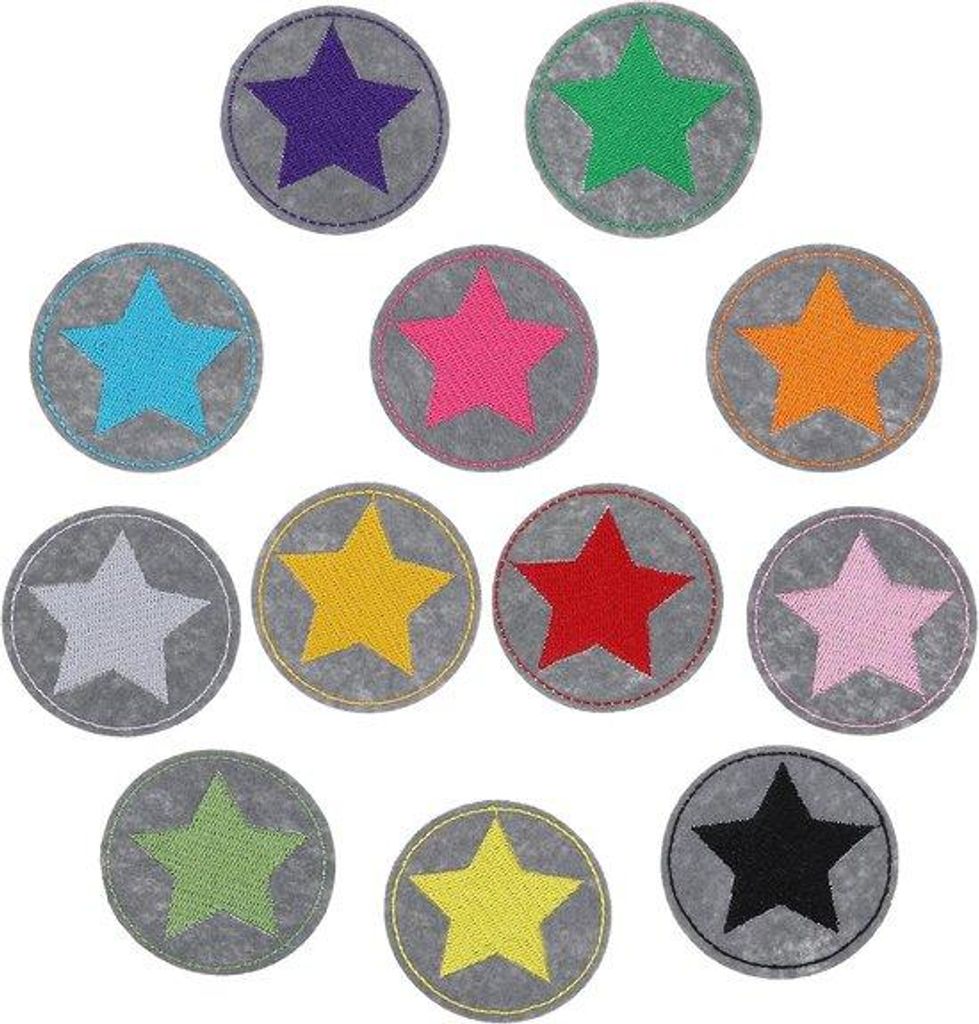12 Stück Stoff- Aufkleber - Sterne-Nadel- Aufkleber für Kleidung - Jeans - Jacken - Bastelprojekte - Vielfarbige Designs