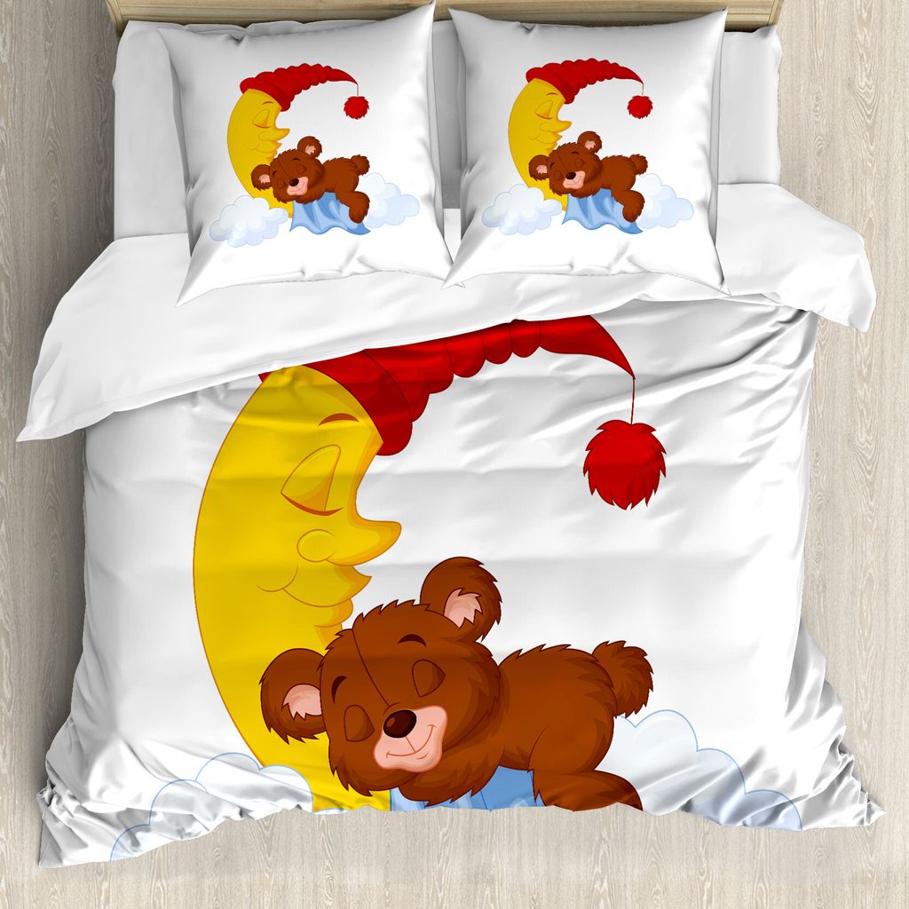ABAKUHAUS Bär Bettbezug, Kinder-Cartoon-Baby auf Mond, Milbensicher Allergiker geeignet mit Kissenbezügen, 155 cm x 220 cm - 80 x 80 cm, Mehrfarbig