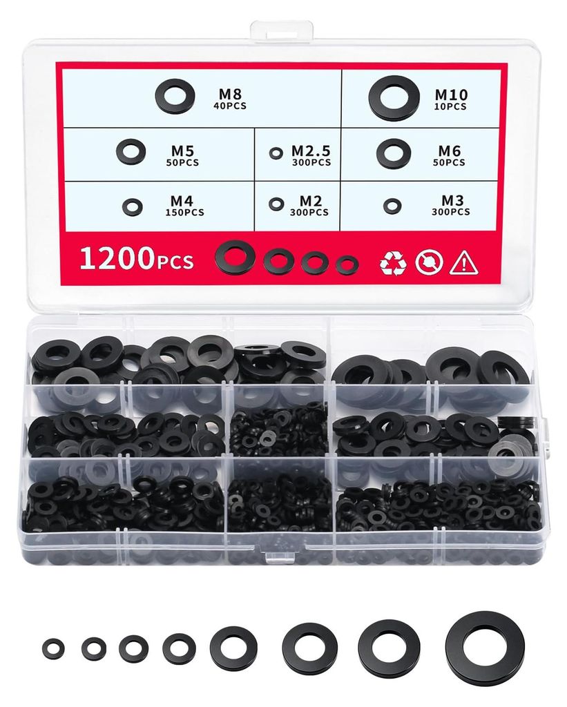 Set mit 1200 Nylonringen, Sortiment an Kunststoffringen, Set mit schwarzen Ringen, Sets mit flachen Kunststoff-Abstandshaltern und Dichtungen für ...