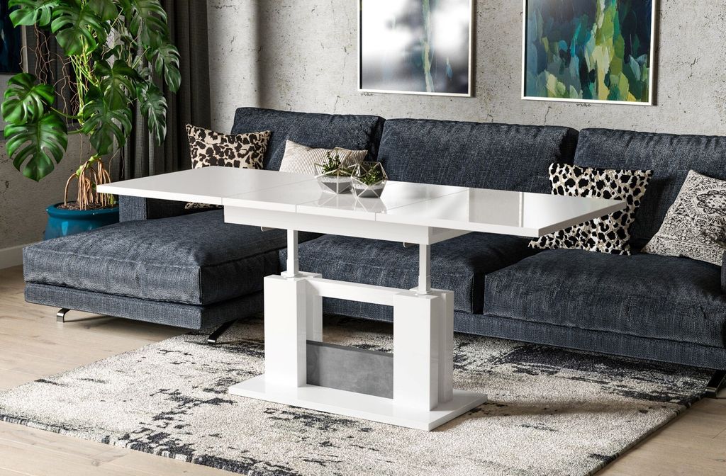 Endo-Möbel Couchtisch Fabel 110-170 ausziehbar höhenverstellbar mit Synchronauszug (Weiß Hochglanz)