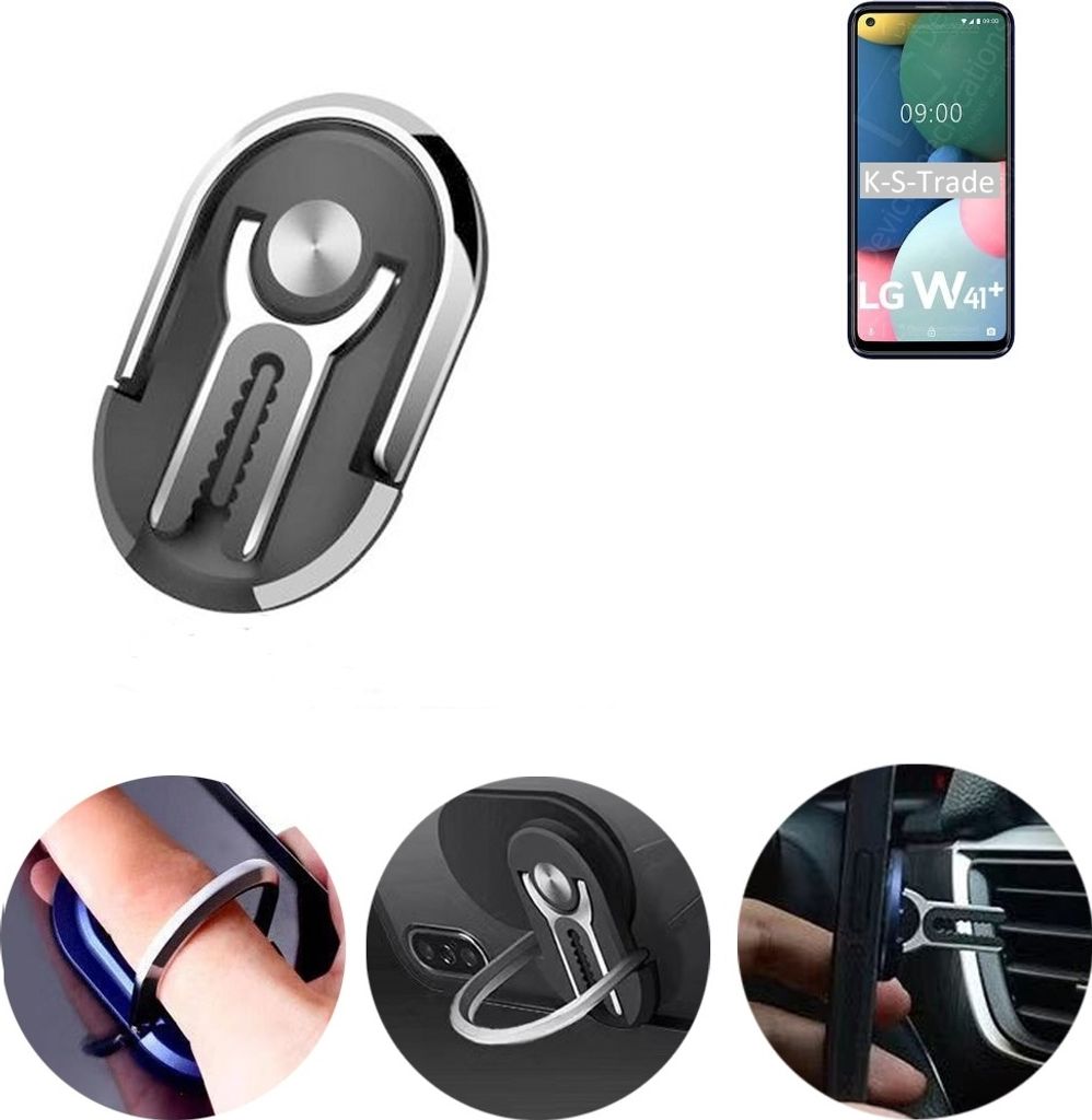 K-S-Trade 3in1 Smartphone-Ring Handy-Ring kompatibel mit LG Electronics W41 Plus Fingerhalterung Handyring Tischständer Lüftungsgitter-Halterung