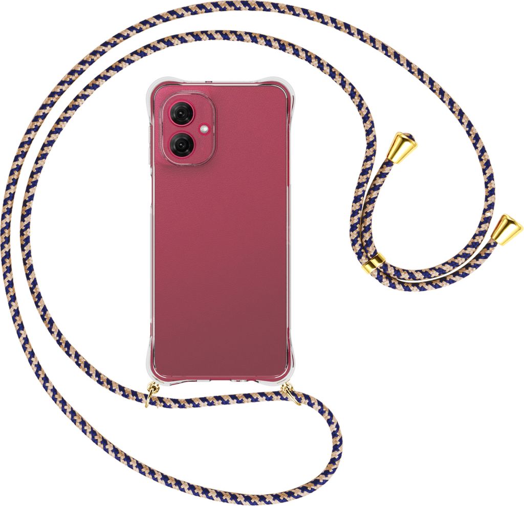 Handykette Backcover-Schutzhülle mit Band (Metall goldfarben) für Motorola Moto G55 5G - blau+beige