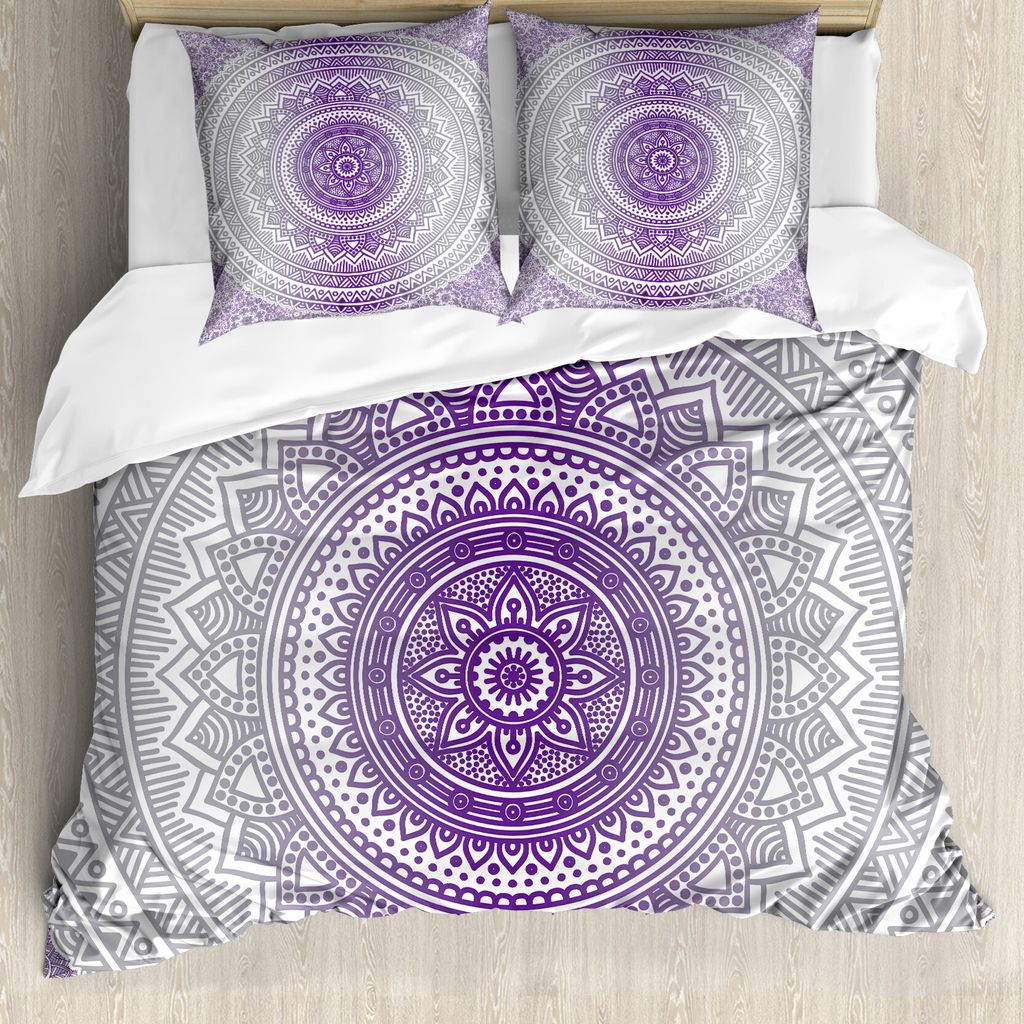 ABAKUHAUS Grau und Lila Bettbezug, Boho Ombre, Milbensicher Allergiker geeignet mit Kissenbezügen, 200 cm x 200 cm - 80 x 80 cm, lila Weiß